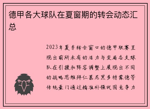 德甲各大球队在夏窗期的转会动态汇总
