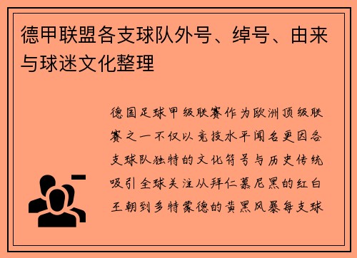 德甲联盟各支球队外号、绰号、由来与球迷文化整理